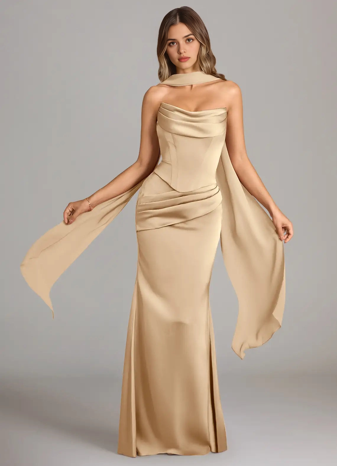 Champagne Satin Cowl Neck Maxi Dress with Draped Scarf Champagne Mermaid Strapless Stretch Satin Convertible Dress Bridesmaid Dresses