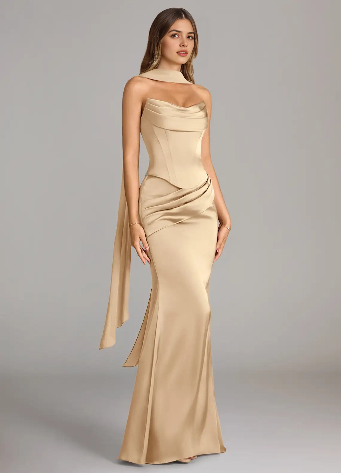 Champagne Satin Cowl Neck Maxi Dress with Draped Scarf Champagne Mermaid Strapless Stretch Satin Convertible Dress Bridesmaid Dresses