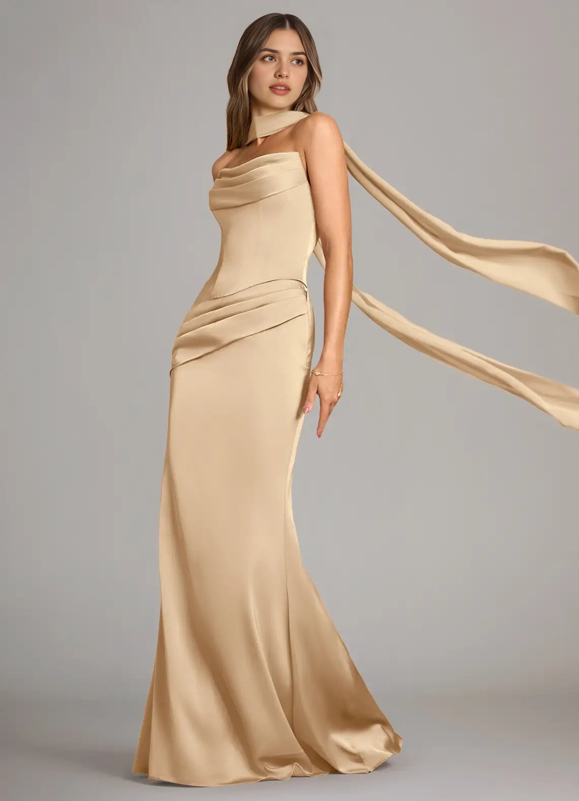 Champagne Satin Cowl Neck Maxi Dress with Draped Scarf Champagne Mermaid Strapless Stretch Satin Convertible Dress Bridesmaid Dresses