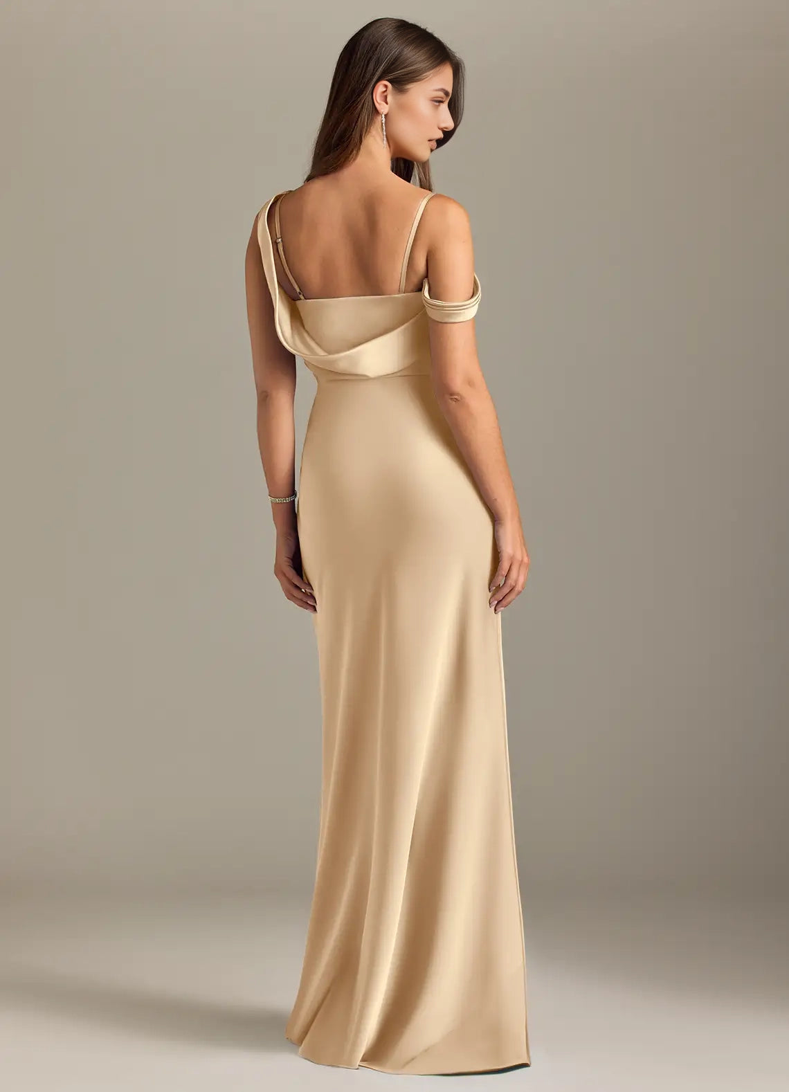 Champagne Satin One-Shoulder Maxi Dress with Side Slit and Cowl Back Champagne Mermaid Off the Shoulder Stretch Satin Convertible Dress Bridesmaid Dresses