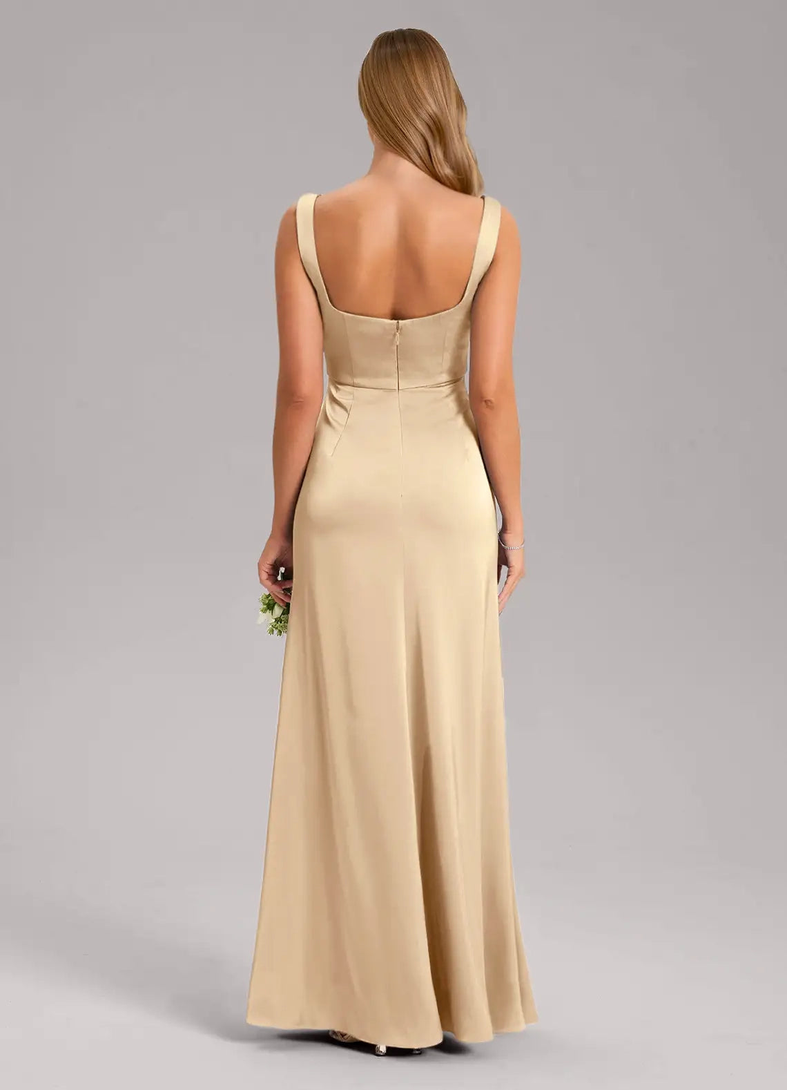 Champagne Satin Square Neck Maxi Dress with Tie Straps and Side Slit Champagne A-Line Bow Stretch Satin Dress Bridesmaid Dresses