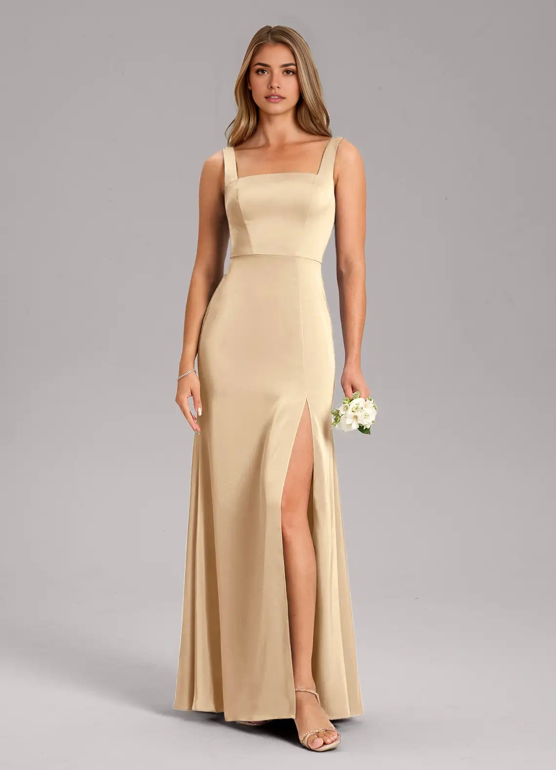 Champagne Satin Square Neck Maxi Dress with Tie Straps and Side Slit Champagne A-Line Bow Stretch Satin Dress Bridesmaid Dresses