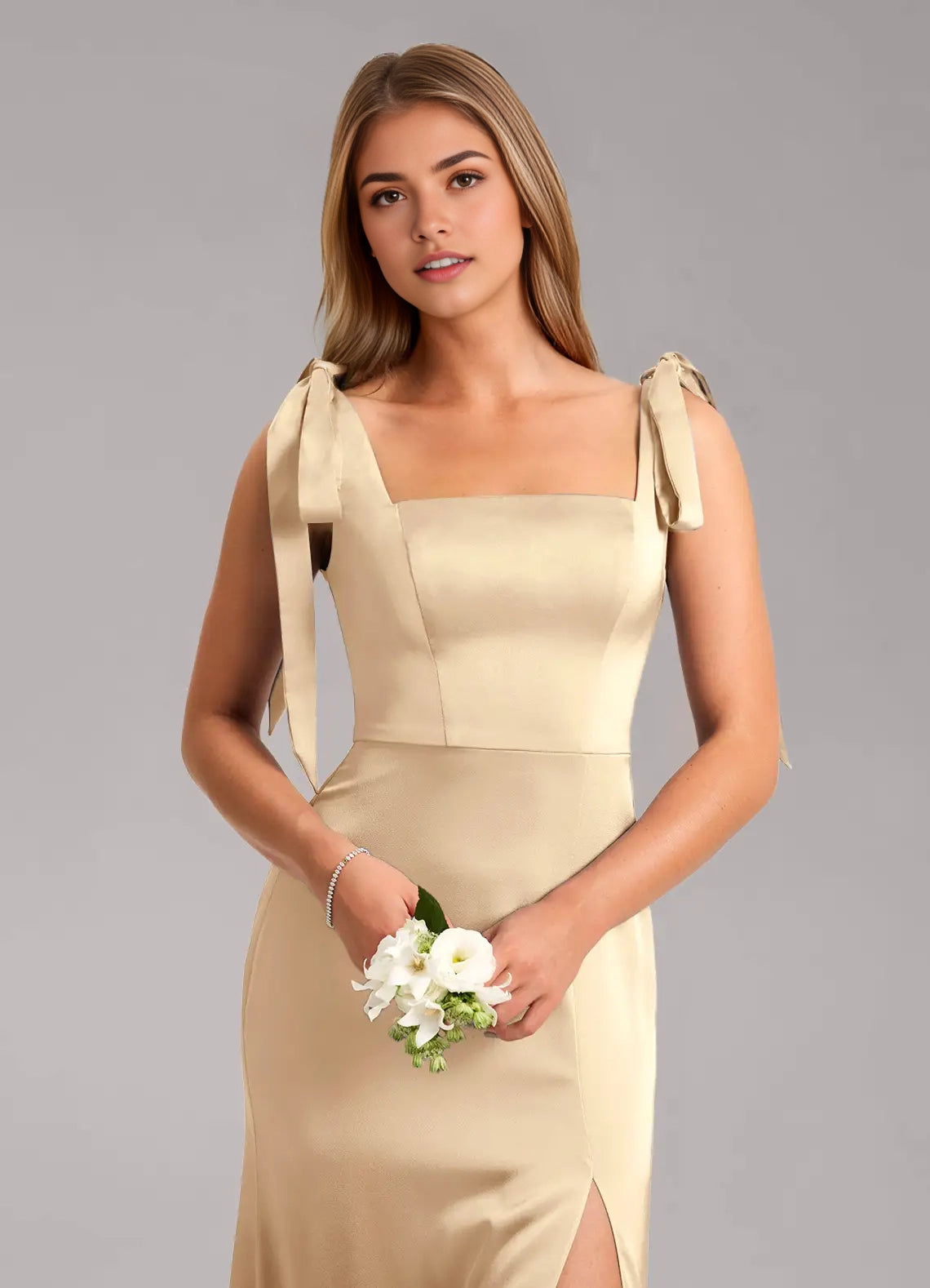 Champagne Satin Square Neck Maxi Dress with Tie Straps and Side Slit Champagne A-Line Bow Stretch Satin Dress Bridesmaid Dresses