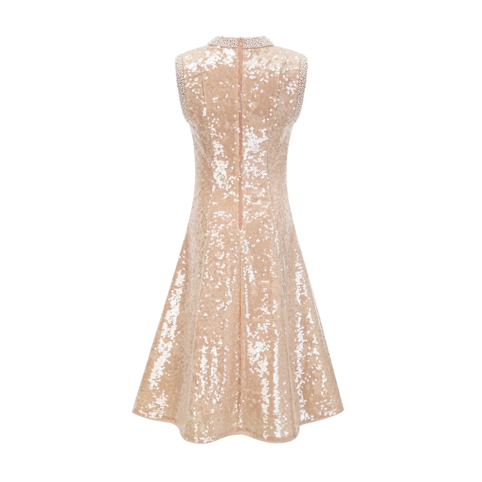Champagne Sequin Midi Dress with Pearl Detailing faux-pearl sequined midi dress Evening Dress