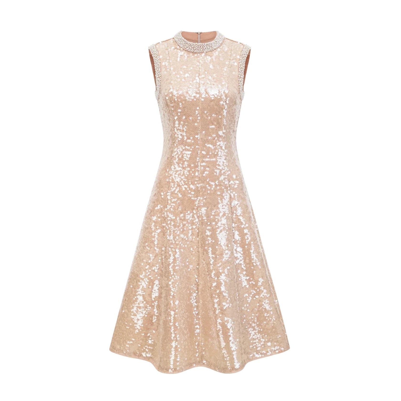 Champagne Sequin Midi Dress with Pearl Detailing faux-pearl sequined midi dress Evening Dress