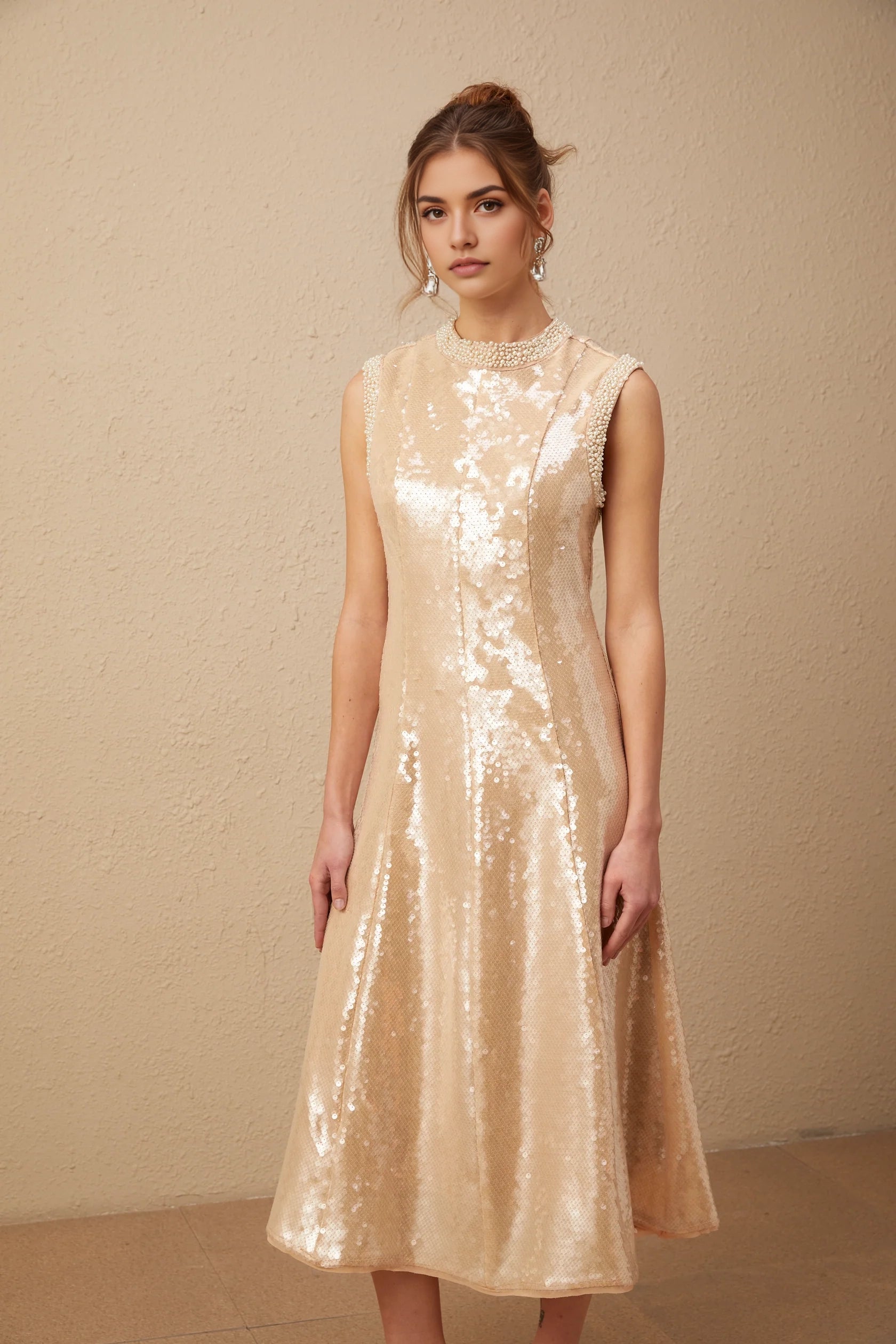 Champagne Sequin Midi Dress with Pearl Detailing faux-pearl sequined midi dress Evening Dress