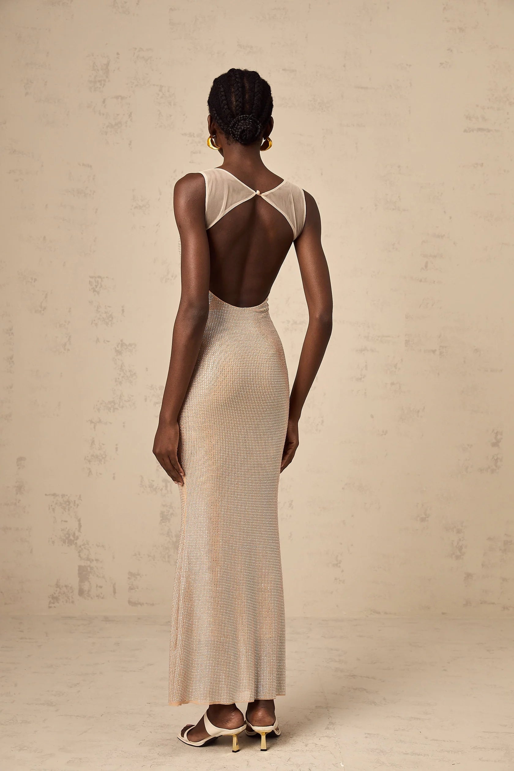 Champagne Sequined Open - Back Maxi Dress Sophie crystal-embellished open-back maxi dress Evening Dress