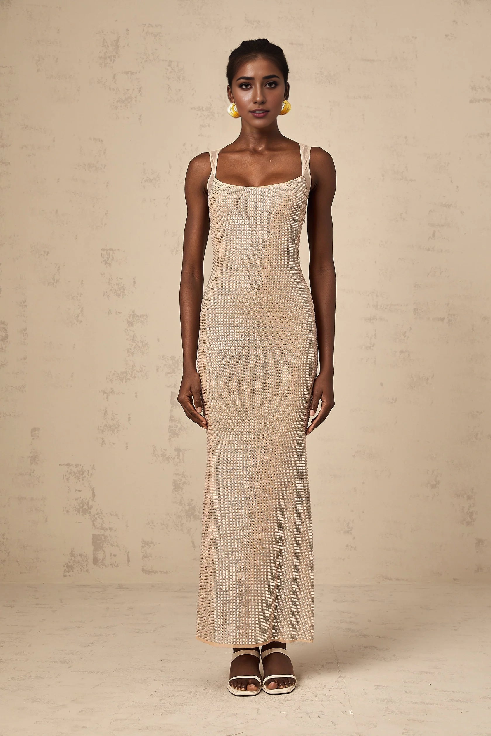Champagne Sequined Open - Back Maxi Dress Sophie crystal-embellished open-back maxi dress Evening Dress