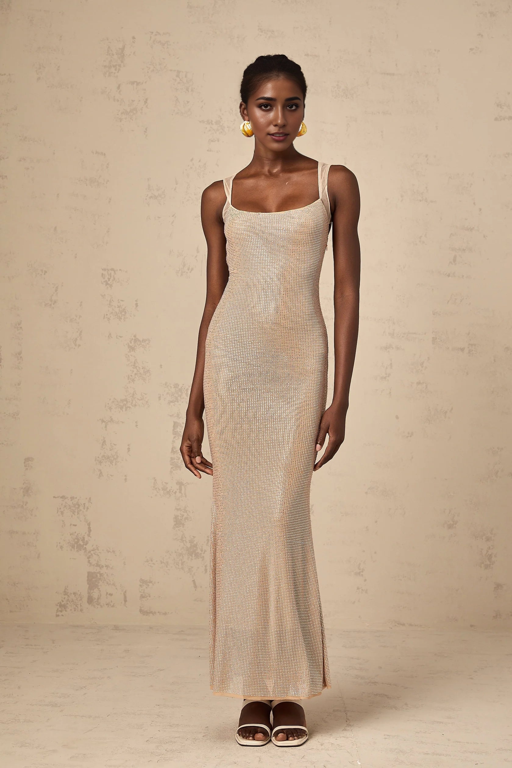 Champagne Sequined Open - Back Maxi Dress Sophie crystal-embellished open-back maxi dress Evening Dress