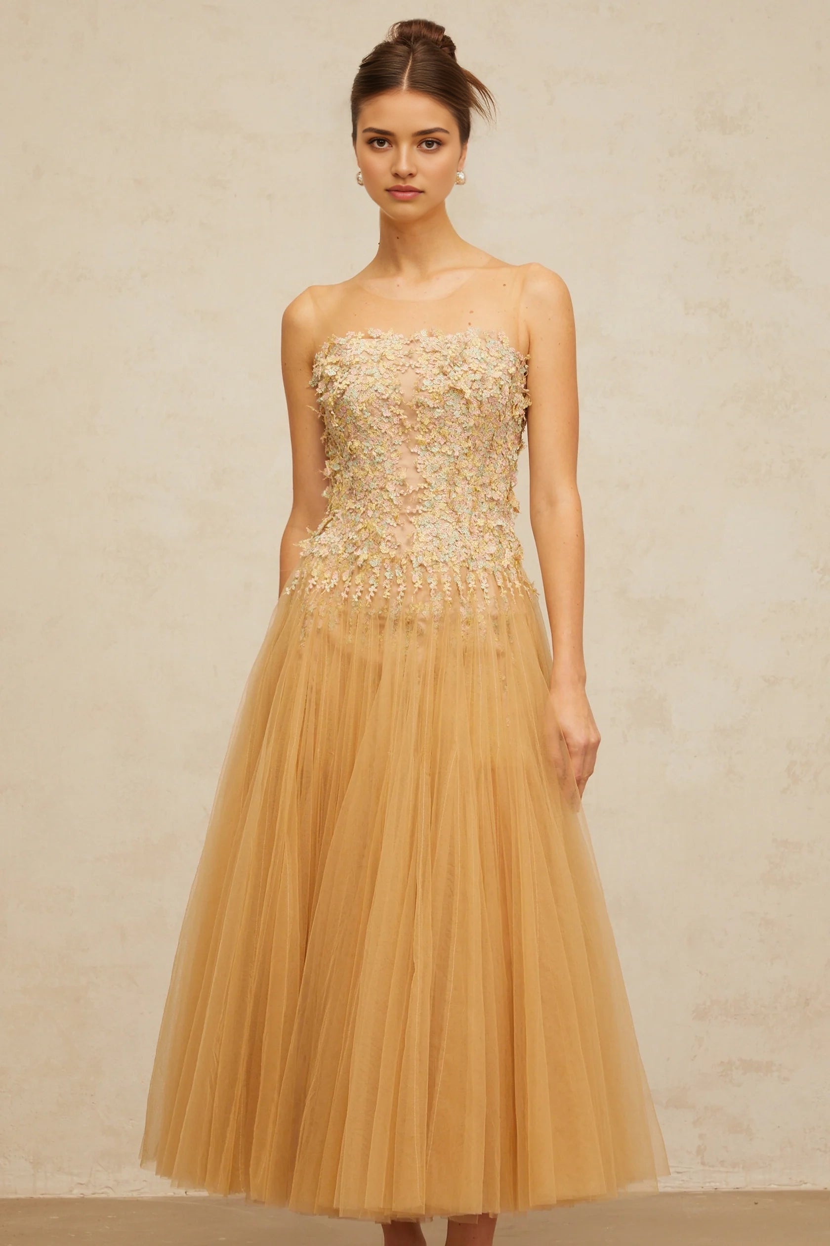 Champagne Tulle Maxi Dress with Floral Embellished Bodice Aurore neutrals pleated sequined tulle midi dress Evening Dress