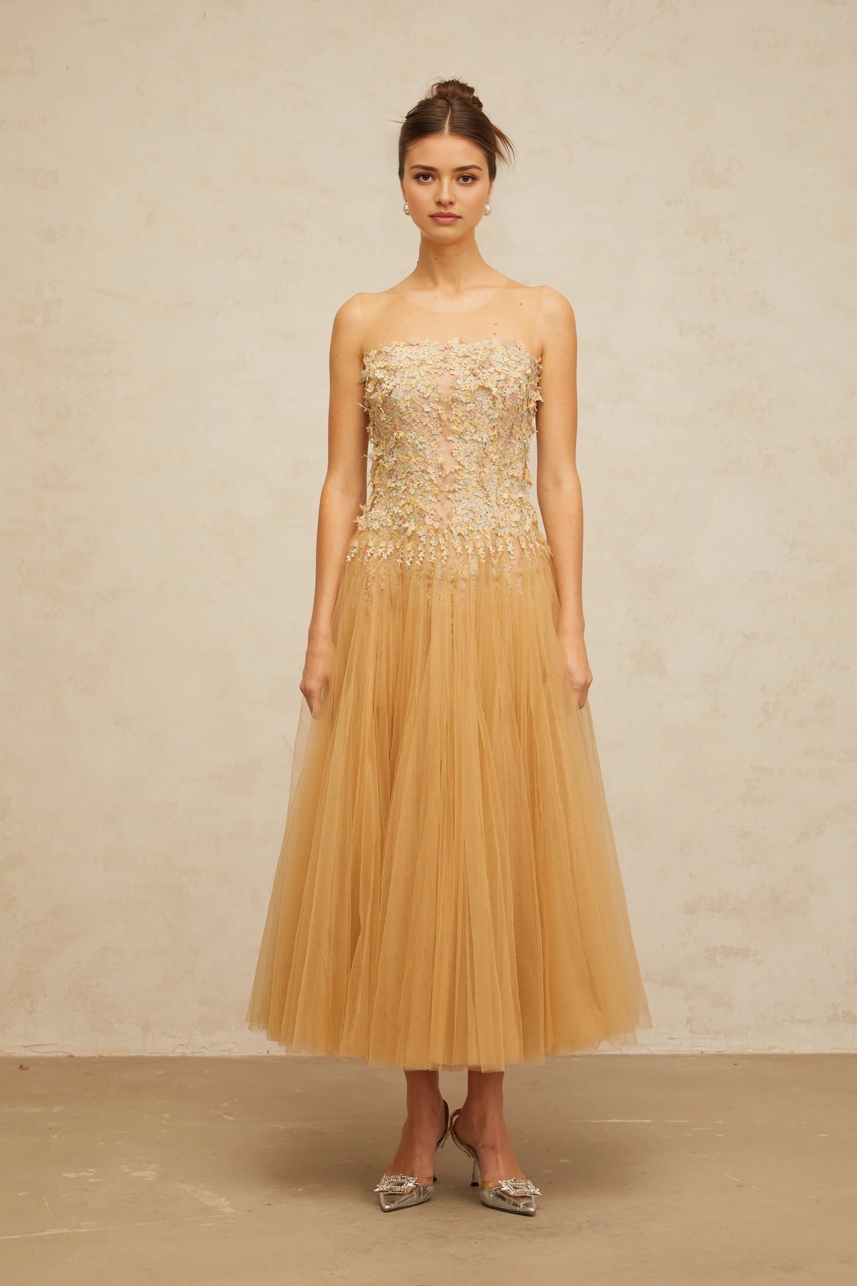 Champagne Tulle Maxi Dress with Floral Embellished Bodice Aurore neutrals pleated sequined tulle midi dress Evening Dress
