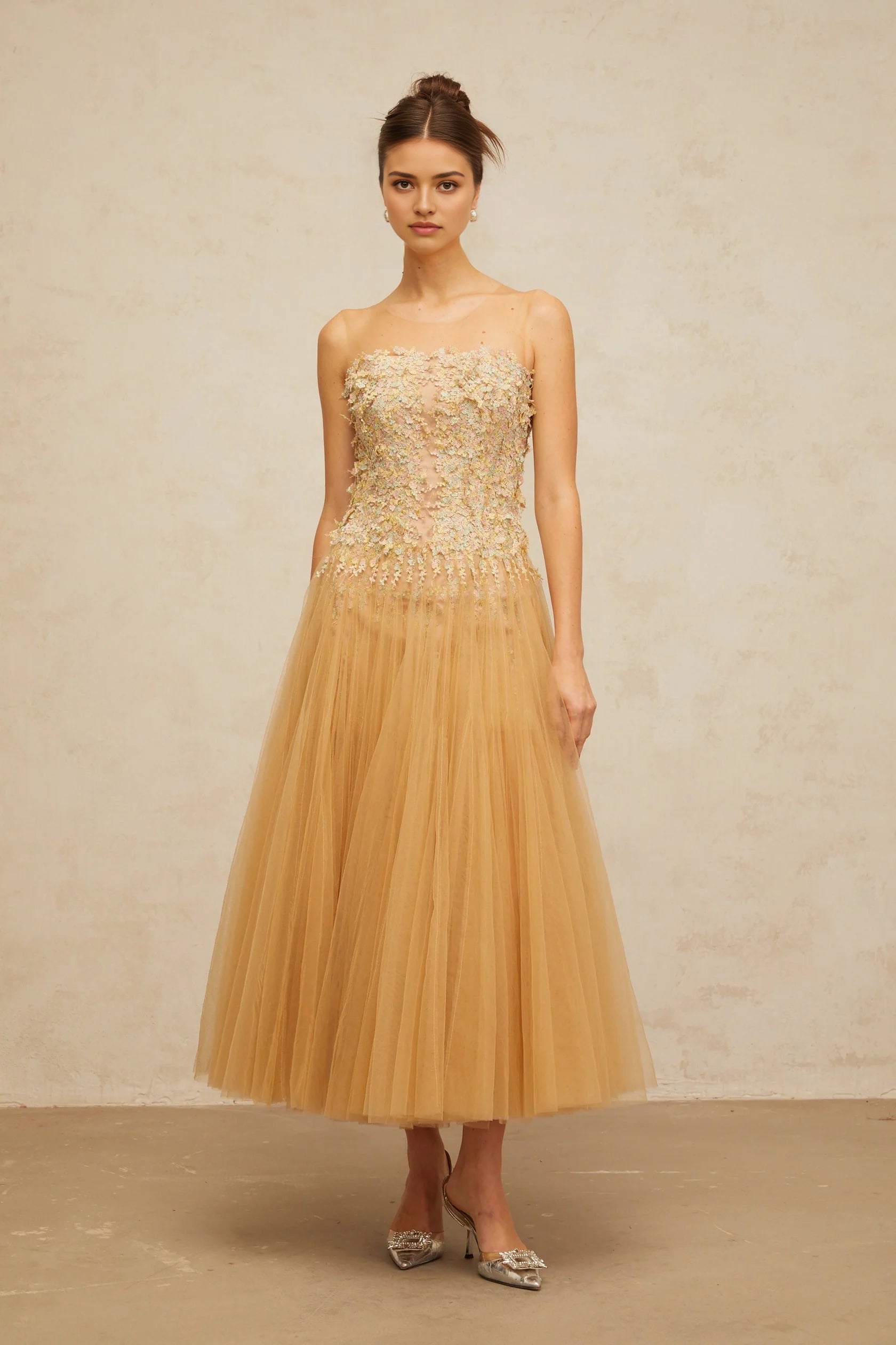 Champagne Tulle Maxi Dress with Floral Embellished Bodice Aurore neutrals pleated sequined tulle midi dress Evening Dress