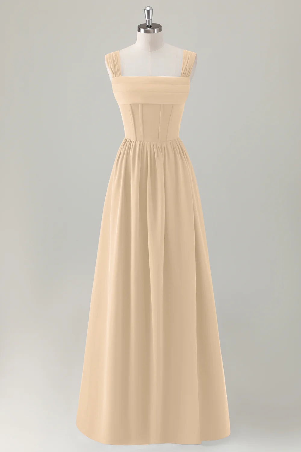 Champagne Corset A-Line Square Neck Long Bridesmaid Dress with Lace Up Back simple gentle atmospheric and unique desi Bring summer colors to enhance whiteness