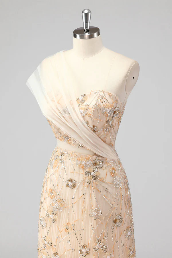 Champagne Mermaid One Shoulder Beaded Prom Dress with Appliques simple gentle atmospheric and unique desi Bring summer colors to enhance whiteness