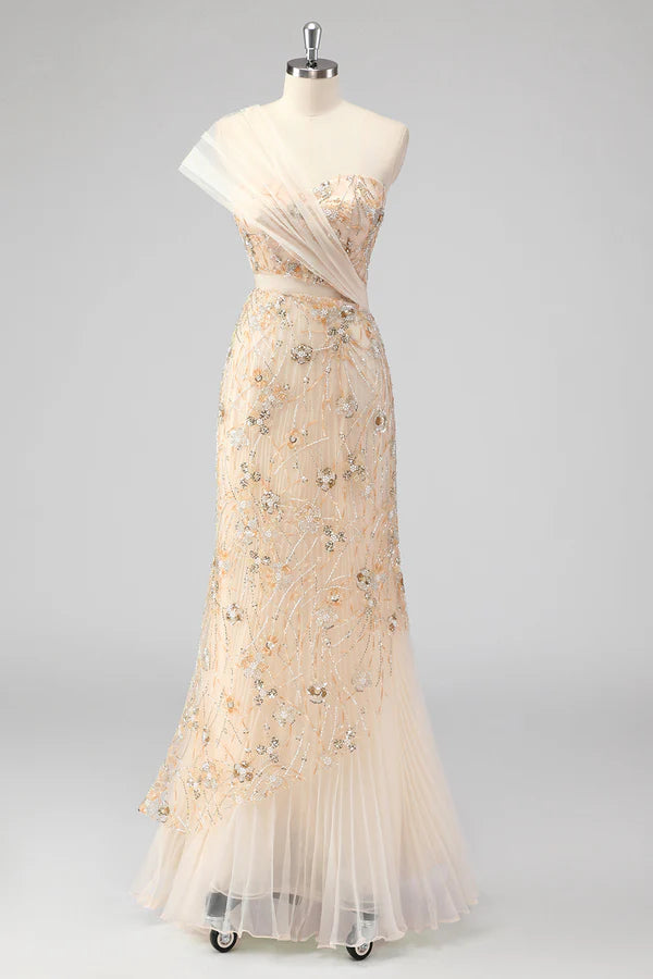 Champagne Mermaid One Shoulder Beaded Prom Dress with Appliques simple gentle atmospheric and unique desi Bring summer colors to enhance whiteness