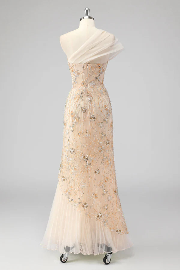 Champagne Mermaid One Shoulder Beaded Prom Dress with Appliques simple gentle atmospheric and unique desi Bring summer colors to enhance whiteness