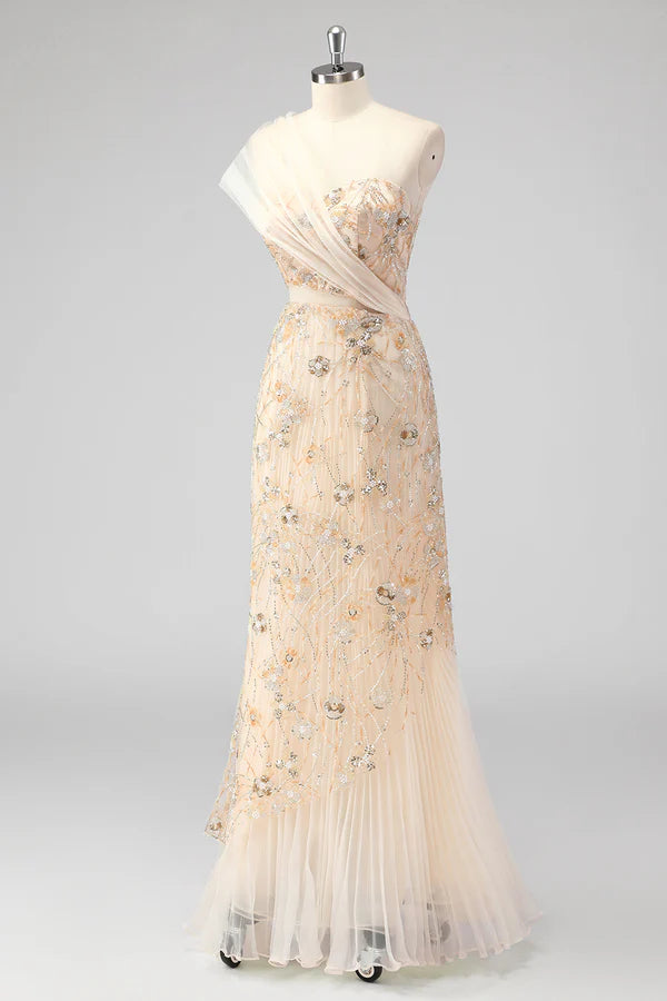 Champagne Mermaid One Shoulder Beaded Prom Dress with Appliques simple gentle atmospheric and unique desi Bring summer colors to enhance whiteness