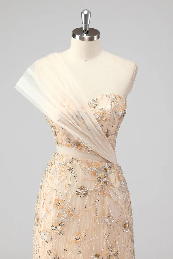 Champagne Mermaid One Shoulder Beaded Prom Dress with Appliques simple gentle atmospheric and unique desi Bring summer colors to enhance whiteness