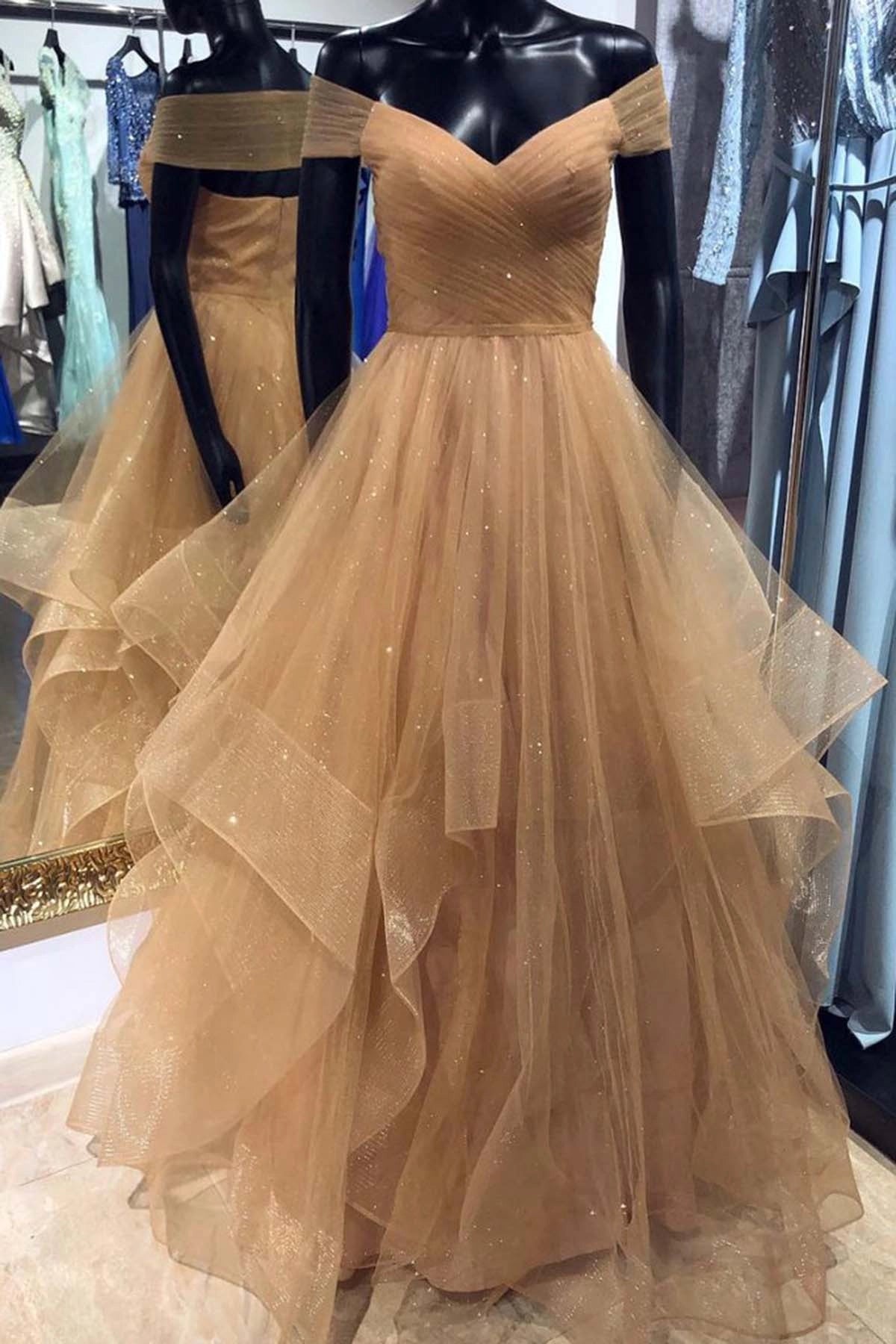 Champagne Off Shoulder Long Prom Dress with Layered Skirt simple gentle atmospheric and unique desi Bring summer colors to enhance whitenes