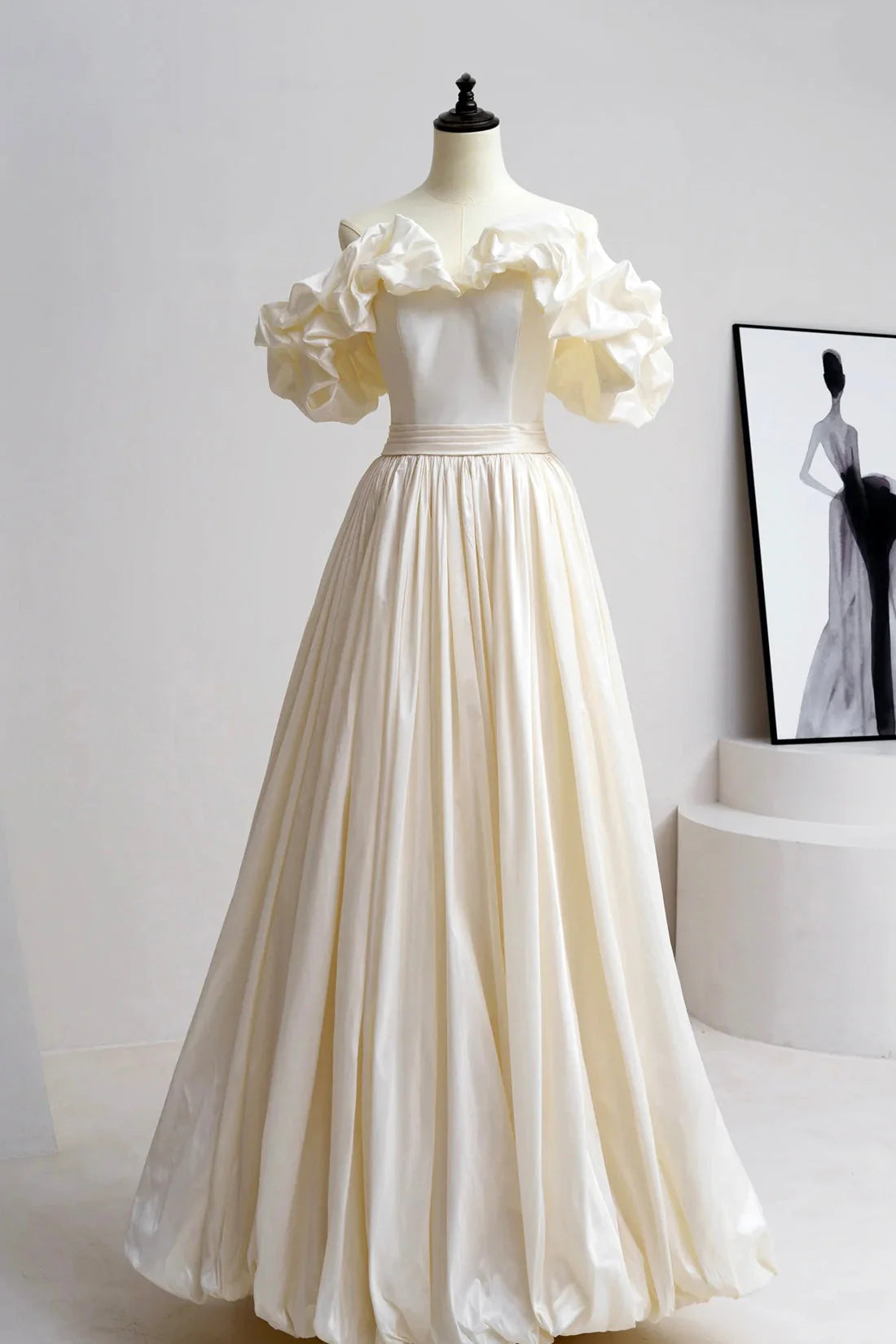 Champagne Satin Floor Length Prom Dress Off the Shoulder A-Line Evening Party Dress simple gentle atmospheric and unique desi Bring summer colors to enhance white