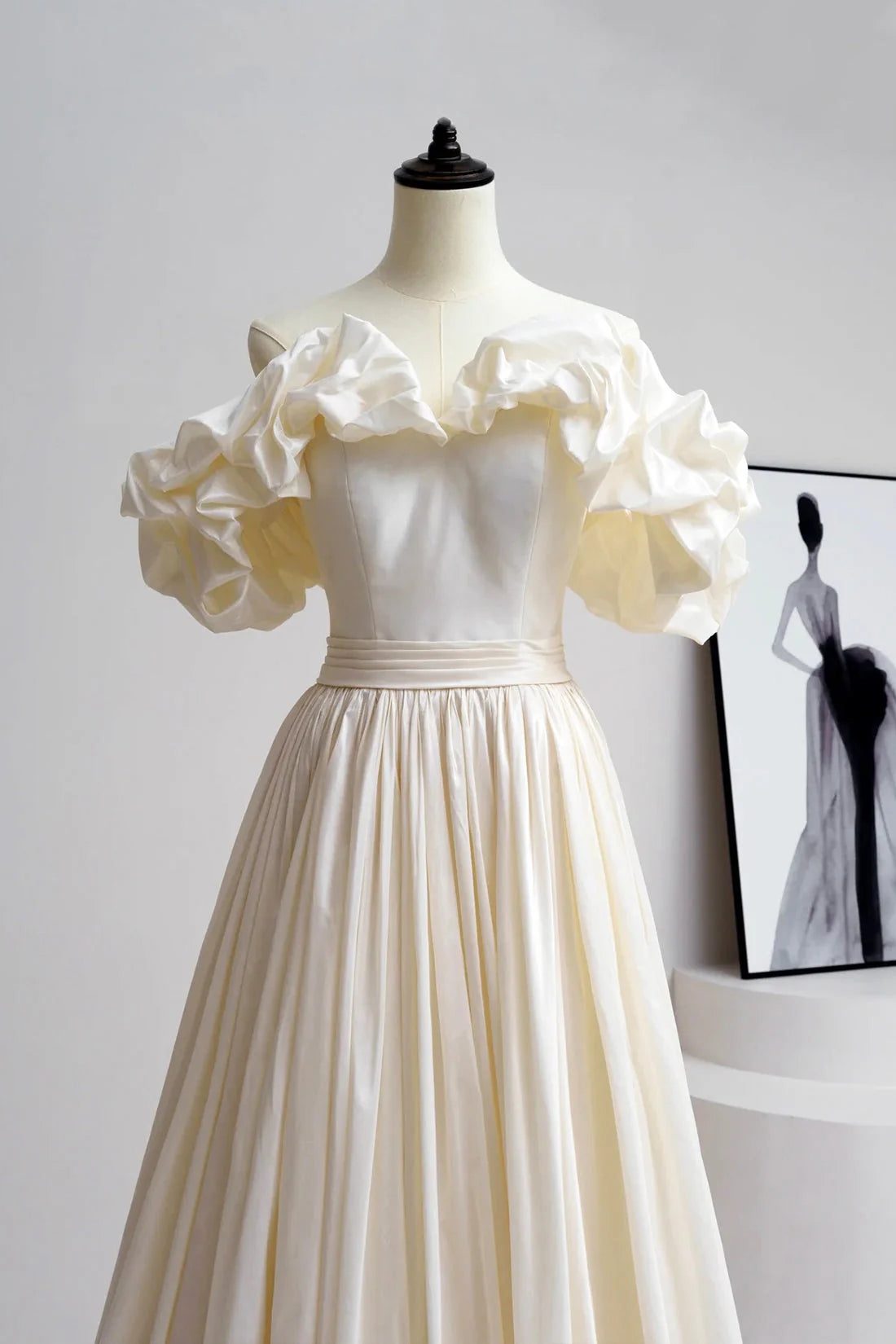 Champagne Satin Floor Length Prom Dress Off the Shoulder A-Line Evening Party Dress simple gentle atmospheric and unique desi Bring summer colors to enhance white