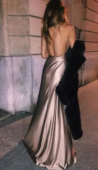 Champagne Satin Halter Neck Maxi Dress with High Slit Sexy Backless  Prom Dresses | Long Party Dresses with Slits Party Dresses
