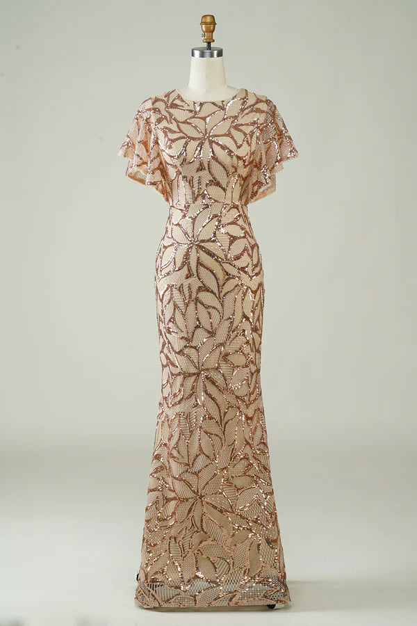 Champagne Sequins Long Prom Dress with Slit Back Simple gentle atmospheric and unique design