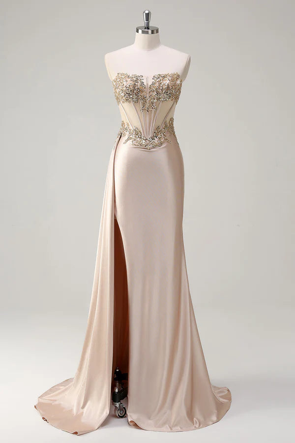 Champagne Strapless Mermaid Satin Side Cape Prom Dress with Sequins simple gentle atmospheric and unique desi Bring summer colors to enhance whiteness