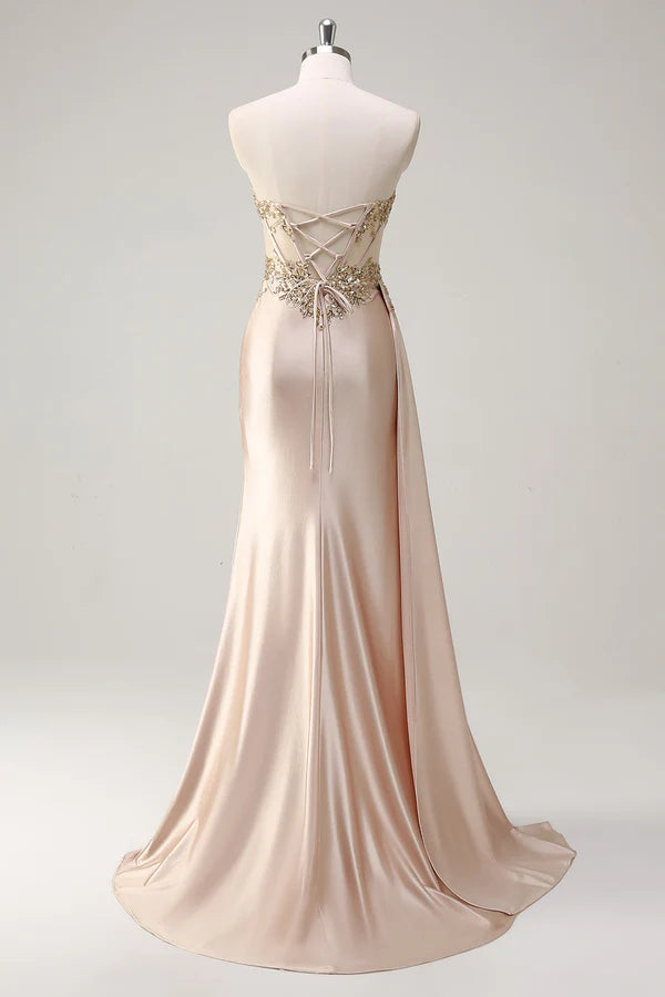 Champagne Strapless Mermaid Satin Side Cape Prom Dress with Sequins simple gentle atmospheric and unique desi Bring summer colors to enhance whiteness