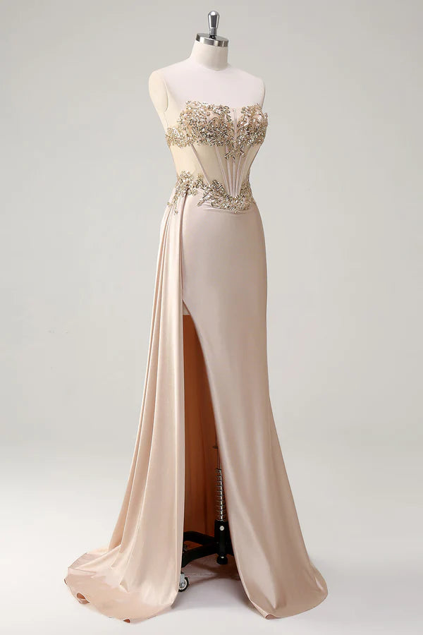 Champagne Strapless Mermaid Satin Side Cape Prom Dress with Sequins simple gentle atmospheric and unique desi Bring summer colors to enhance whiteness