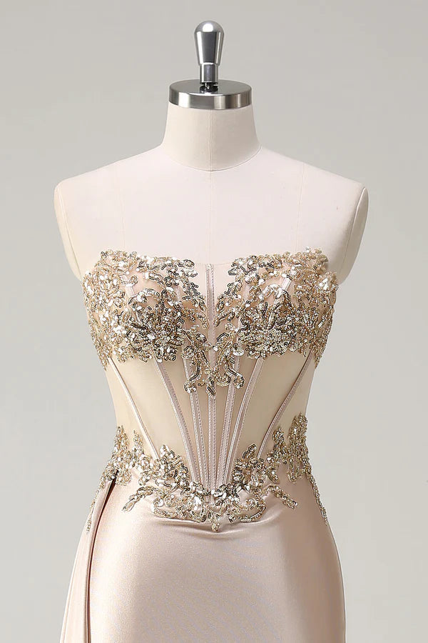 Champagne Strapless Mermaid Satin Side Cape Prom Dress with Sequins simple gentle atmospheric and unique desi Bring summer colors to enhance whiteness