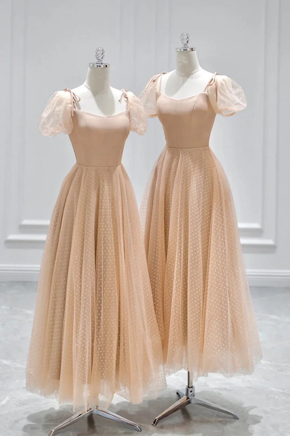 Champagne Tulle Tea Length Prom Dress Cute Short Sleeve Evening Dress simple gentle atmospheric and unique desi Bring summer colors to enhance white