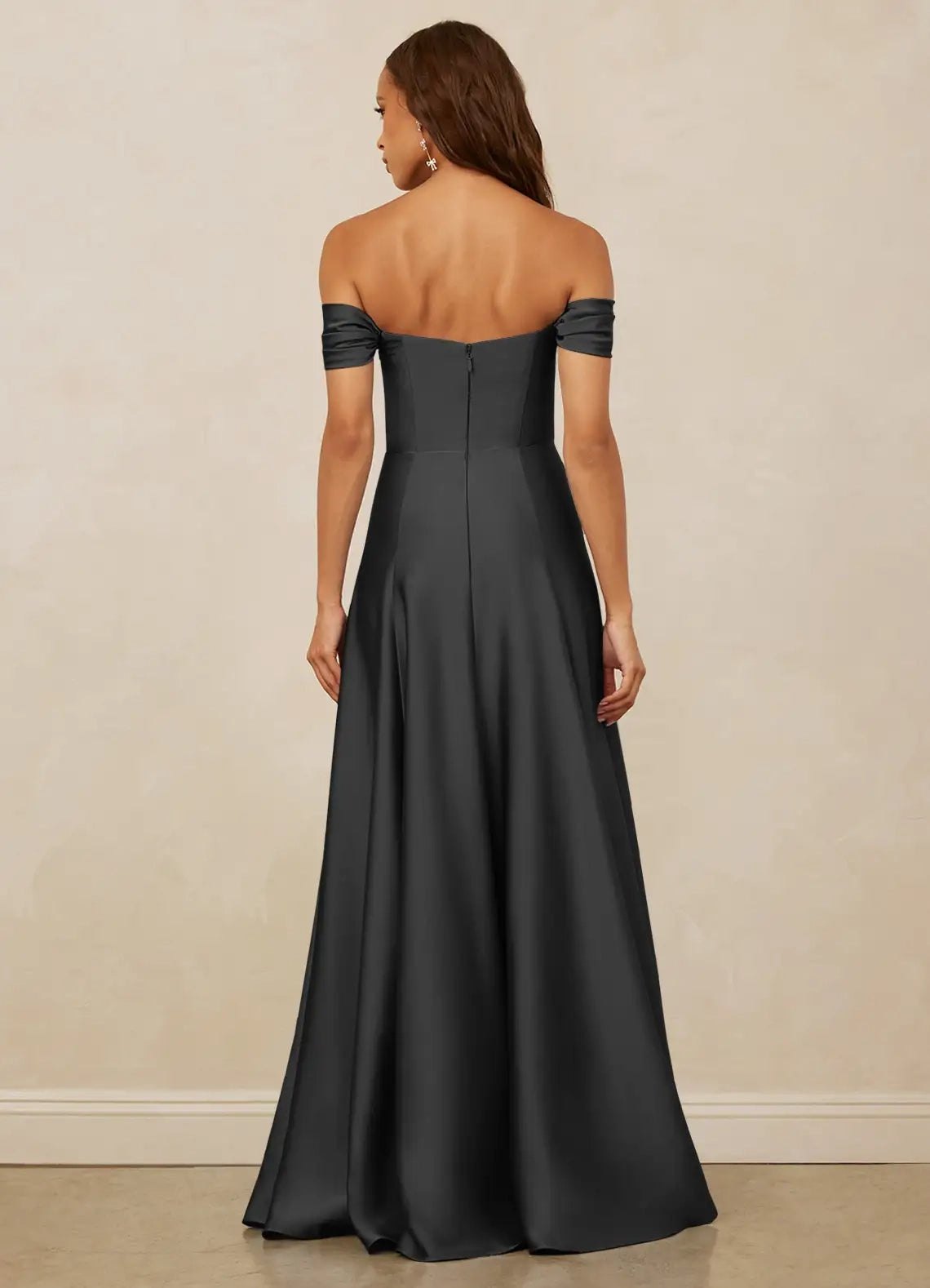 Charcoal Gray Off - Shoulder Satin Maxi Dress Black A-Line Off the Shoulder Stretch Satin Convertible Dress Bridesmaid Dresses