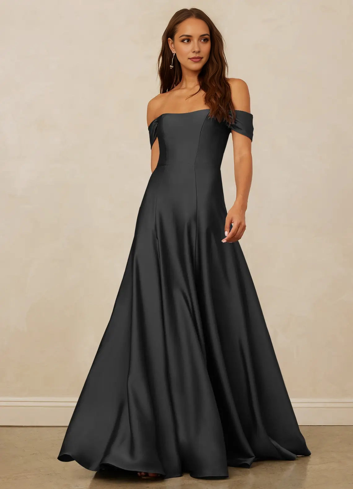 Charcoal Gray Off - Shoulder Satin Maxi Dress Black A-Line Off the Shoulder Stretch Satin Convertible Dress Bridesmaid Dresses