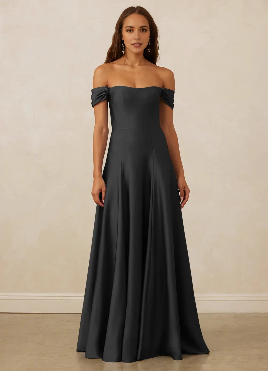 Charcoal Gray Off - Shoulder Satin Maxi Dress Black A-Line Off the Shoulder Stretch Satin Convertible Dress Bridesmaid Dresses