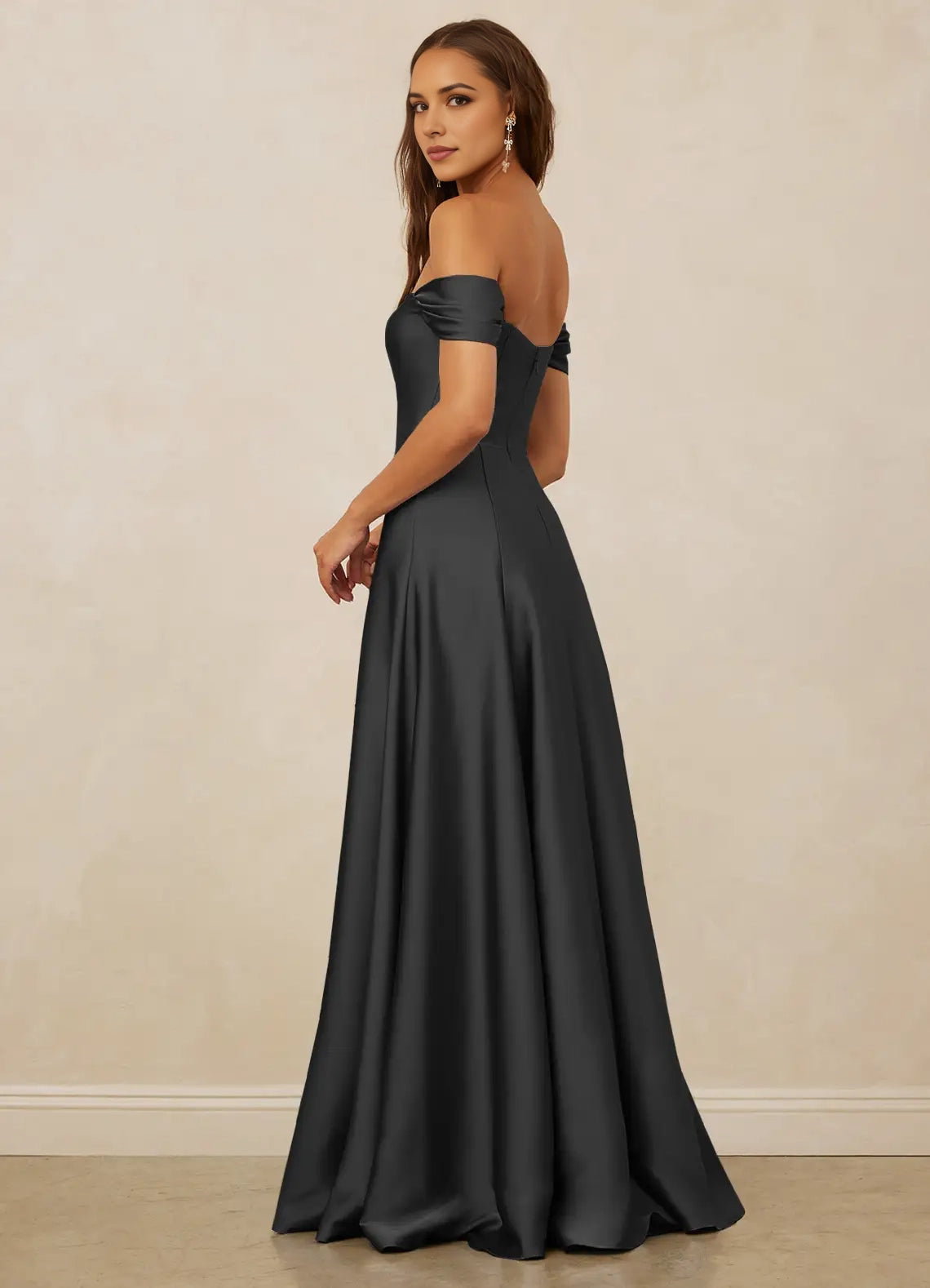 Charcoal Gray Off - Shoulder Satin Maxi Dress Black A-Line Off the Shoulder Stretch Satin Convertible Dress Bridesmaid Dresses
