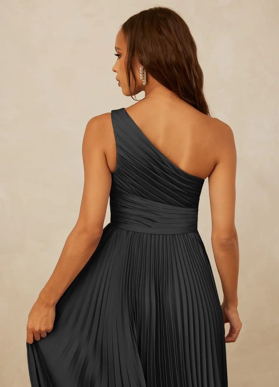 Charcoal Grey One-Shoulder Pleated Maxi Dress with Ruffled Detail A-Line One Shoulder Stretch Satin Dress Bridesmaid Dresses