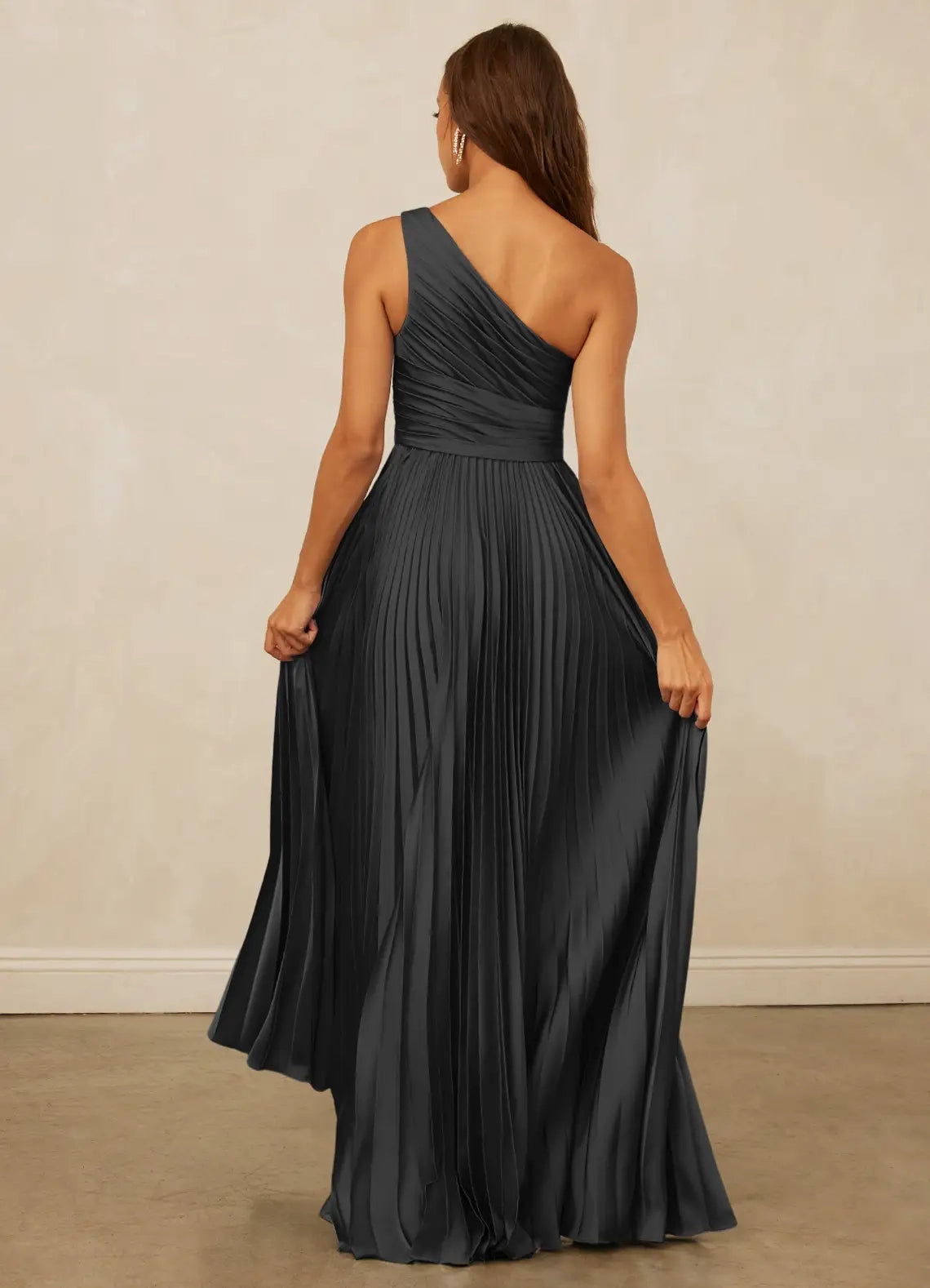 Charcoal Grey One-Shoulder Pleated Maxi Dress with Ruffled Detail A-Line One Shoulder Stretch Satin Dress Bridesmaid Dresses