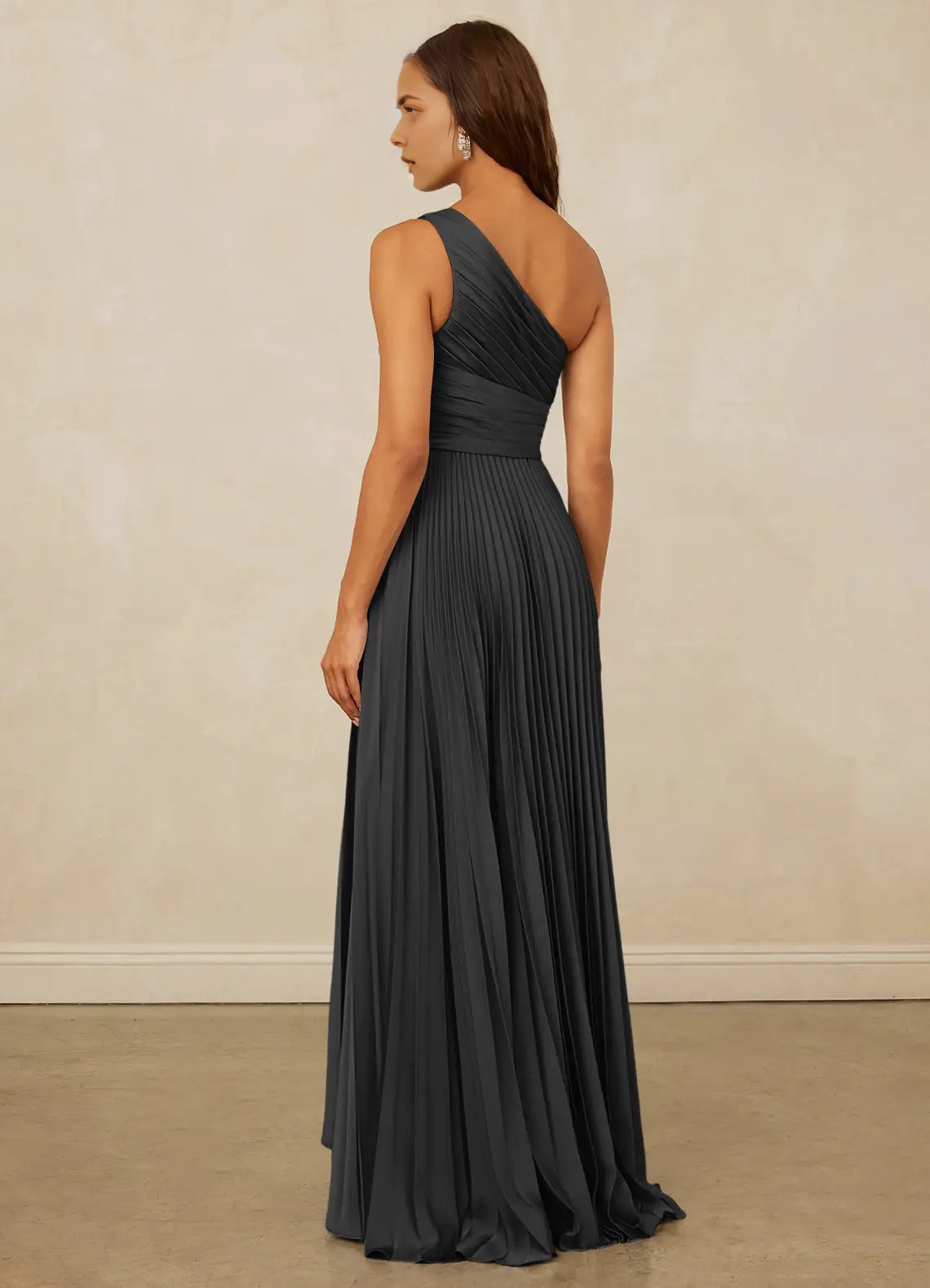 Charcoal Grey One-Shoulder Pleated Maxi Dress with Ruffled Detail A-Line One Shoulder Stretch Satin Dress Bridesmaid Dresses