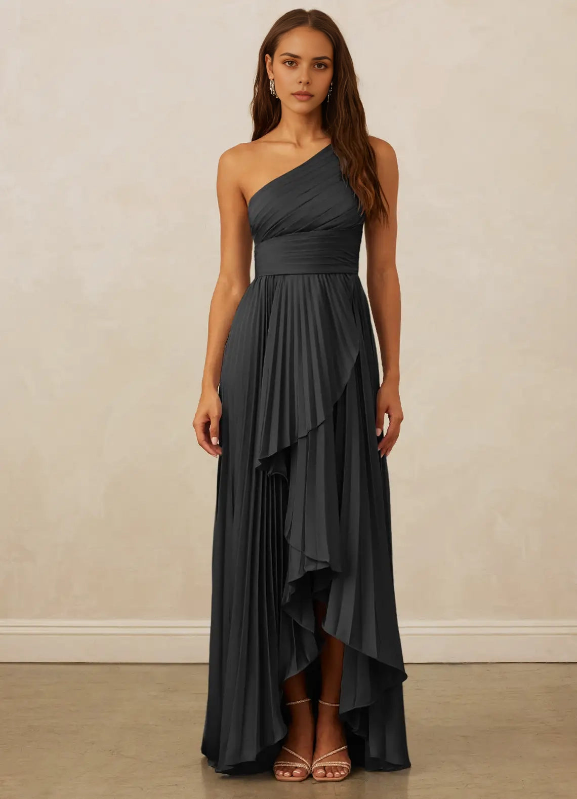 Charcoal Grey One-Shoulder Pleated Maxi Dress with Ruffled Detail A-Line One Shoulder Stretch Satin Dress Bridesmaid Dresses