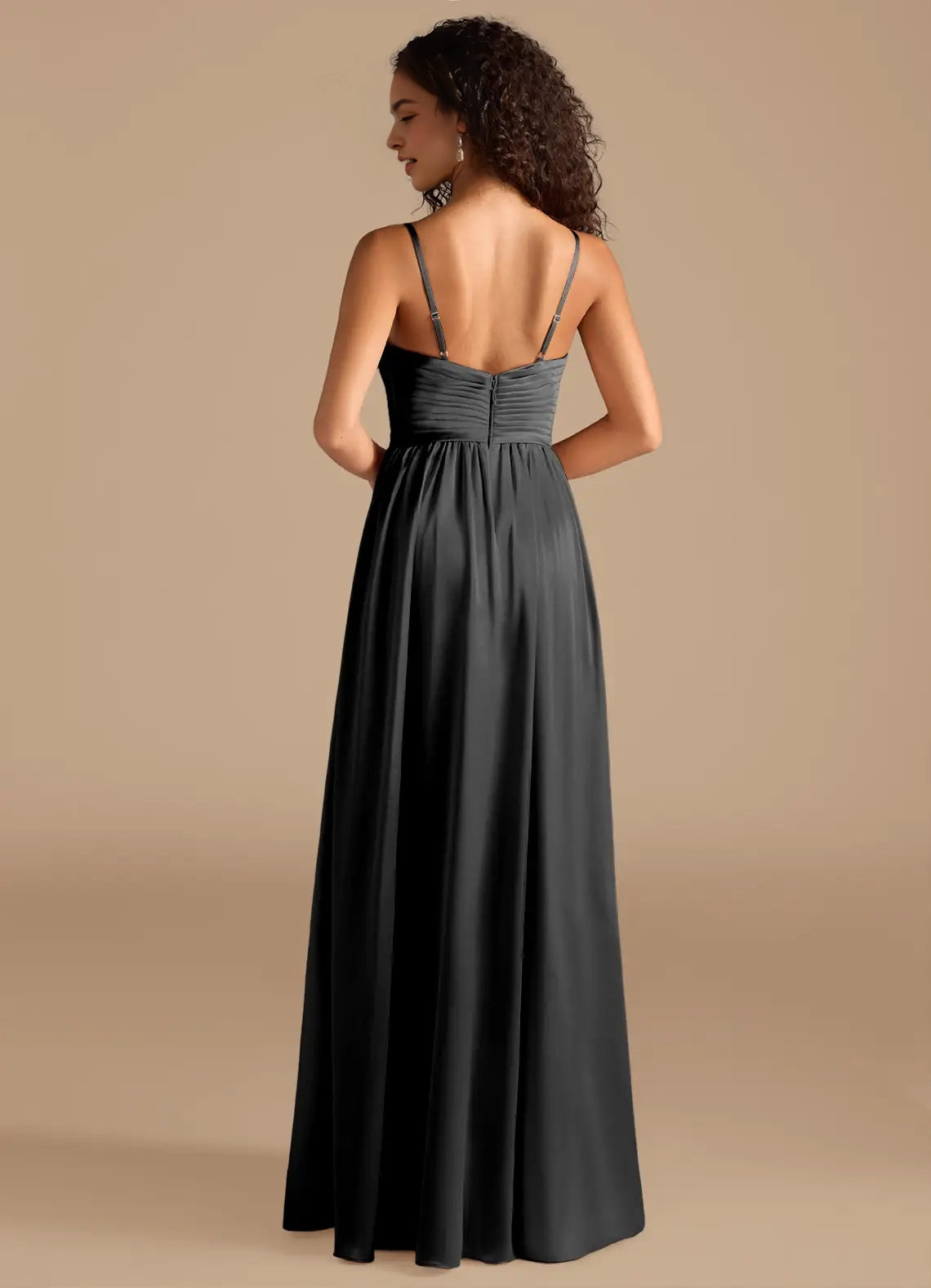 Charcoal Grey Satin V-Neck Maxi Dress with Side Slit A-Line Pleated Metallic Satin Dress Bridesmaid Dresses