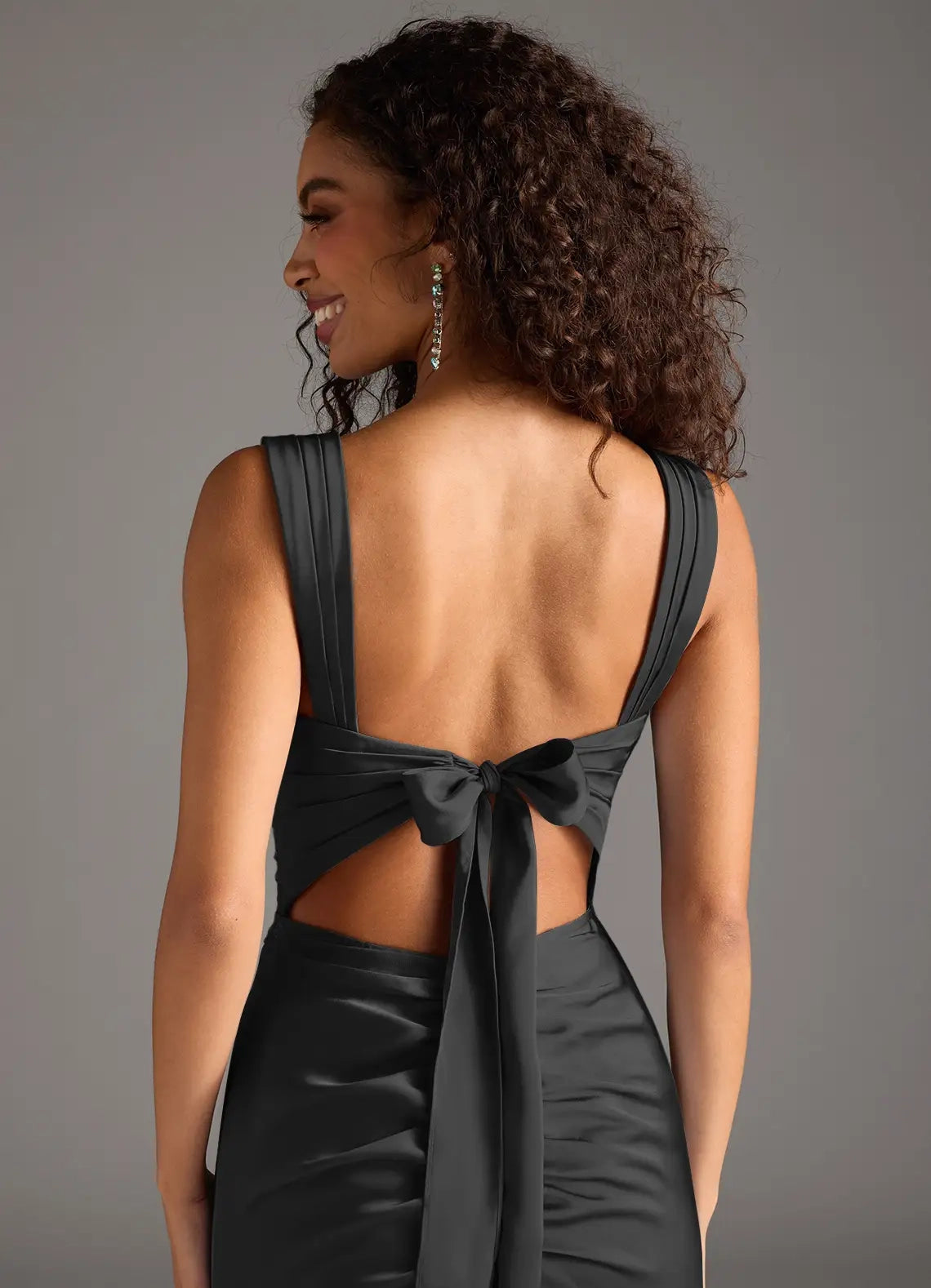 Charcoal Grey Square Neck Maxi Dress with Back Bow and Side Slit Sheath Bow Stretch Satin Dress Bridesmaid Dresses