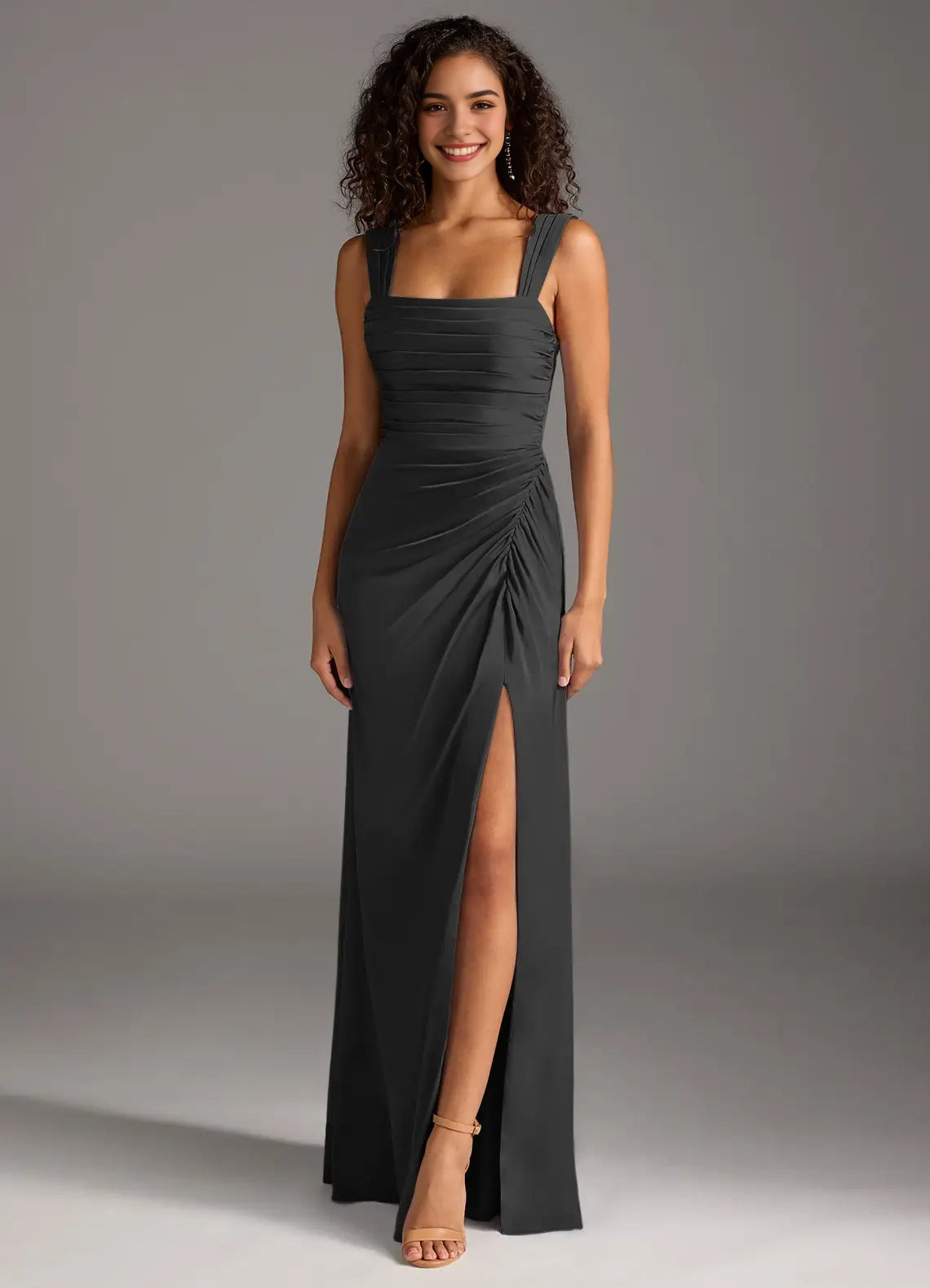 Charcoal Grey Square Neck Maxi Dress with Back Bow and Side Slit Sheath Bow Stretch Satin Dress Bridesmaid Dresses