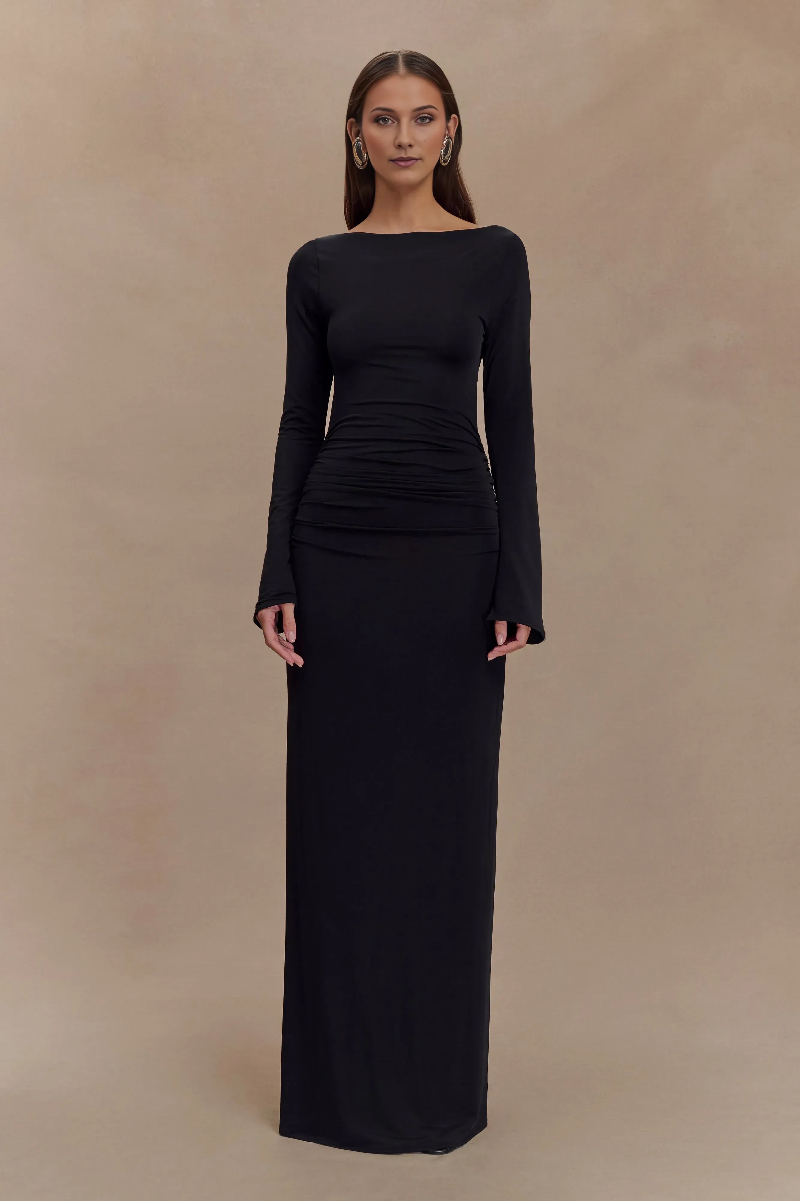 Charming Sheath Boat Neck Long Sleeve Cutout Back Floor Length Prom Dress