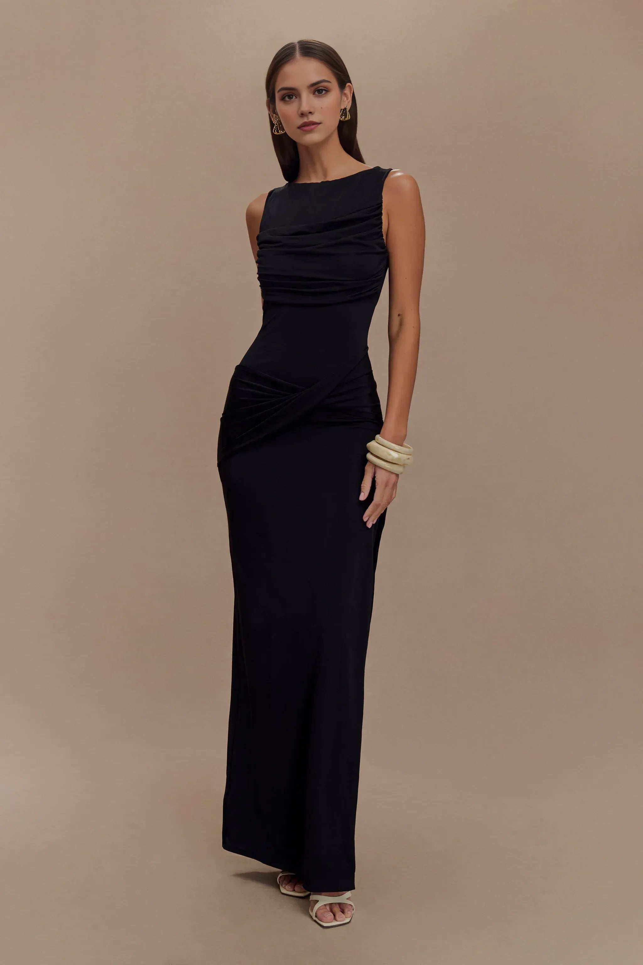 Charming Sheath Boat Neck Sleeveless Draped Open Back Floor Length Prom Dress