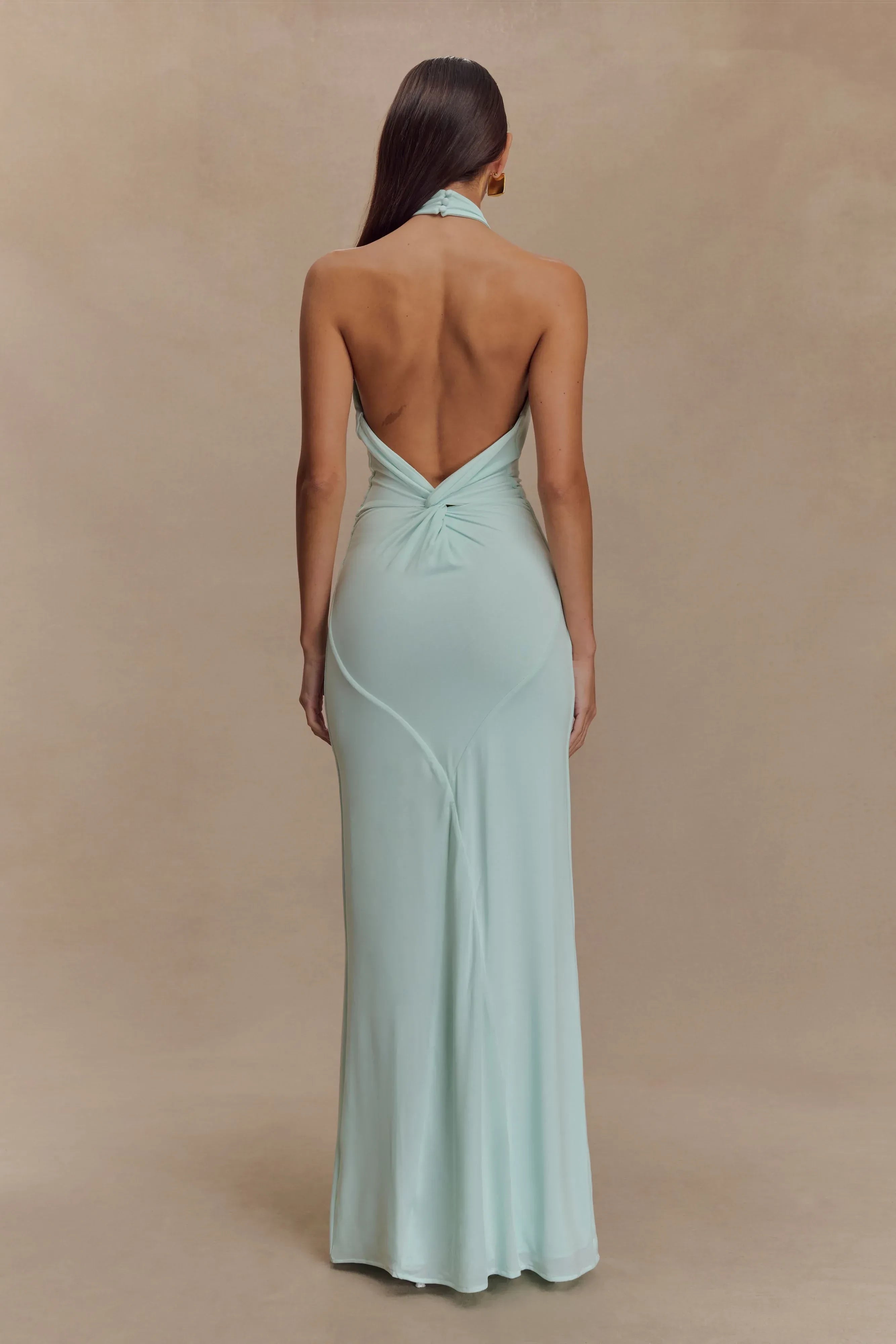 Charming Sheath Halter Neck Sleeveless Knotted Open Back Floor Length Prom Dress