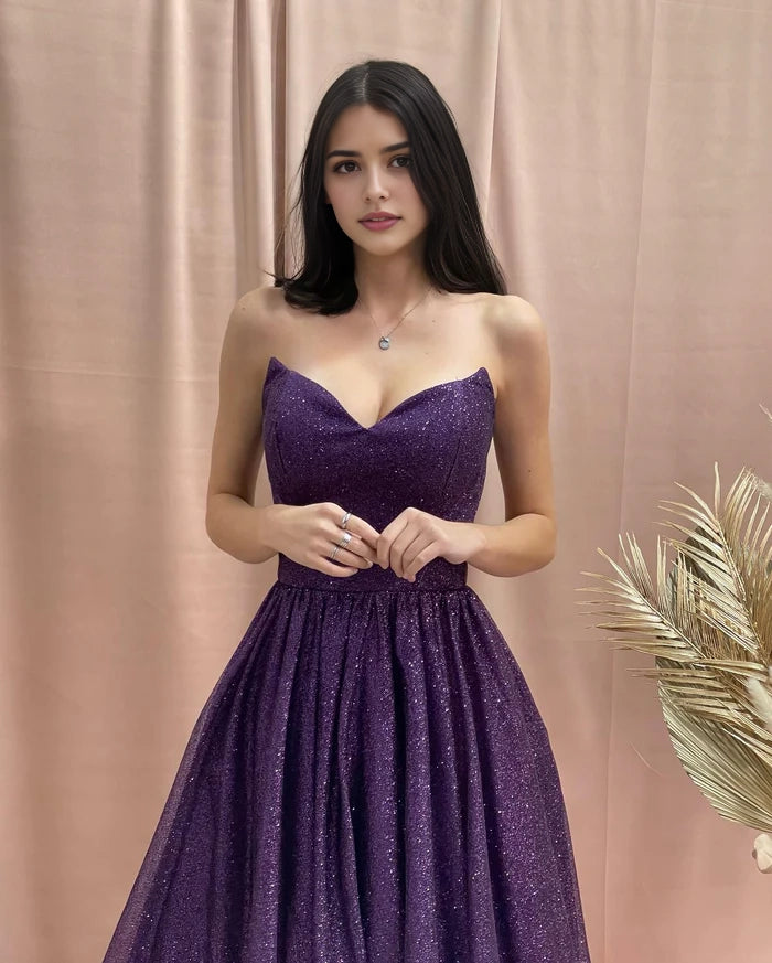Charming A-line Strapless Sleeveless Sequined Satin Prom Dress Simple gentle atmospheric and unique design