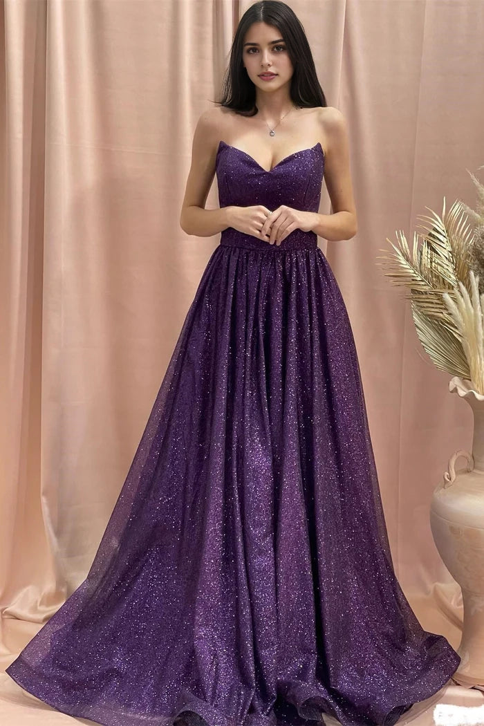 Charming A-line Strapless Sleeveless Sequined Satin Prom Dress Simple gentle atmospheric and unique design