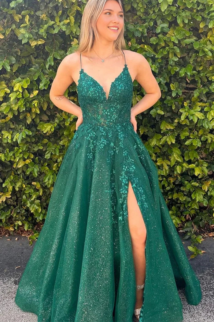 Charming A-line V-neck Sleeveless Ruffled Tulle Split Front Prom Dress with Delicate Touch Simple gentle atmospheric and unique design