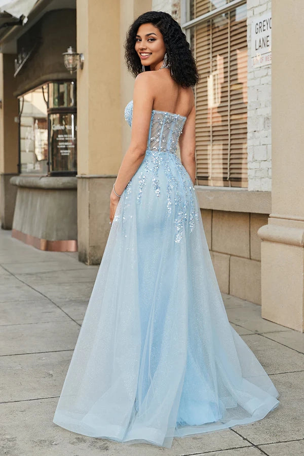 Charming A Line Sweetheart Blue Corset Prom Dress with Beading Slit simple gentle atmospheric and unique desi